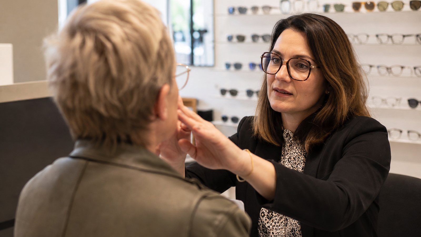 Opticien vérifiant la hauteur de montage de verres progressifs sur un client au magasin