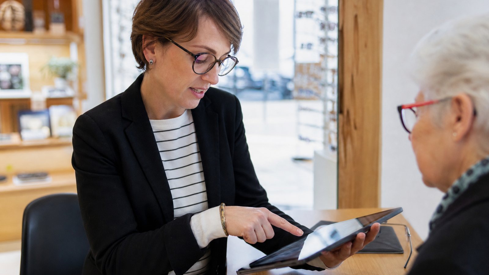 Opticien saisissant un suivi de SAV sur une tablette au comptoir de son magasin