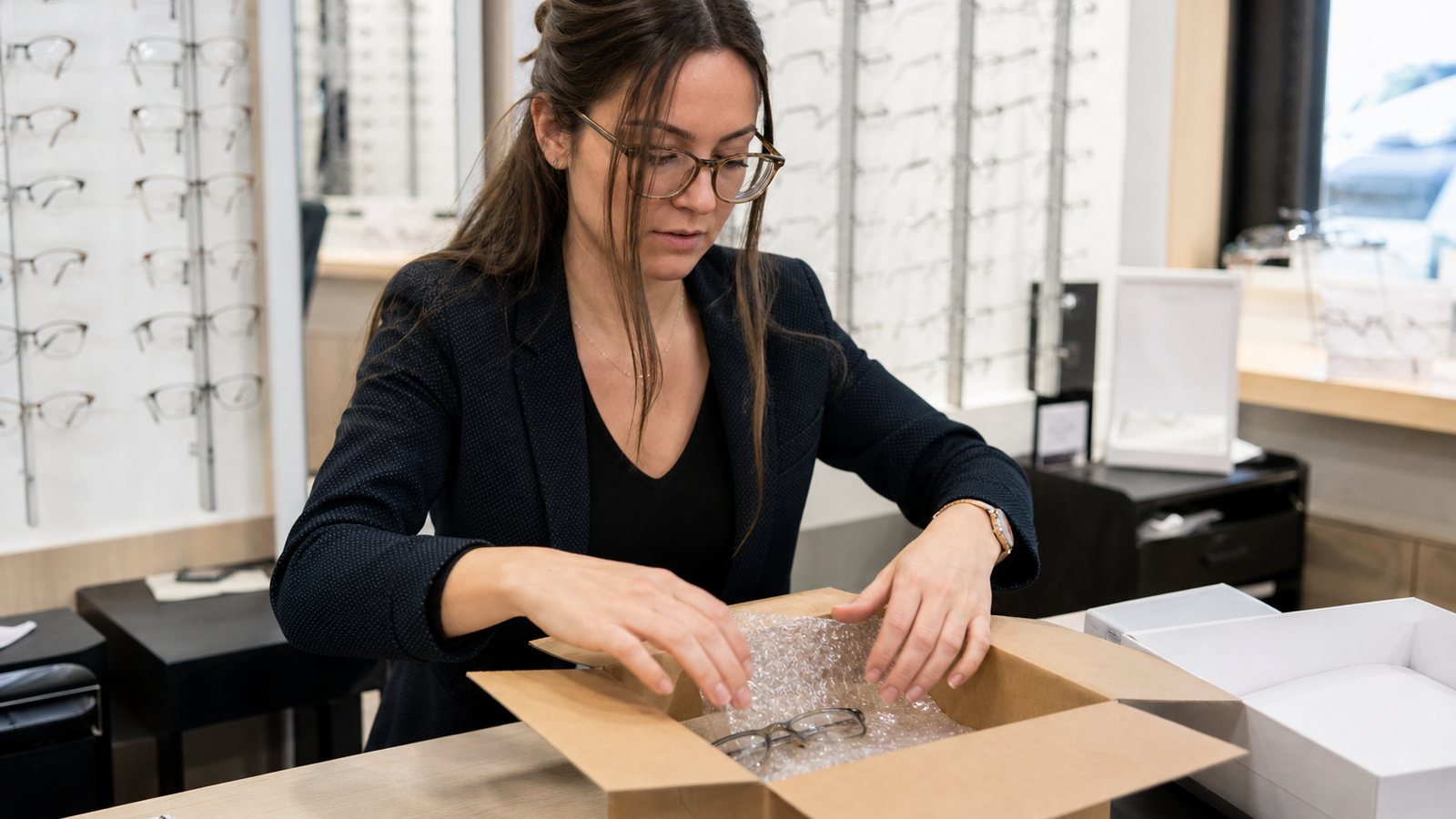 Opticien préparant un colis de retour fournisseur avec le dossier client sur le comptoir